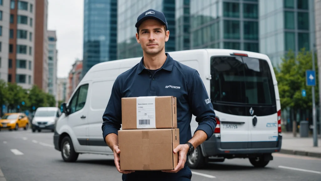 Coursier BIP Services tenant un colis devant un utilitaire, livraison pour particuliers à Paris