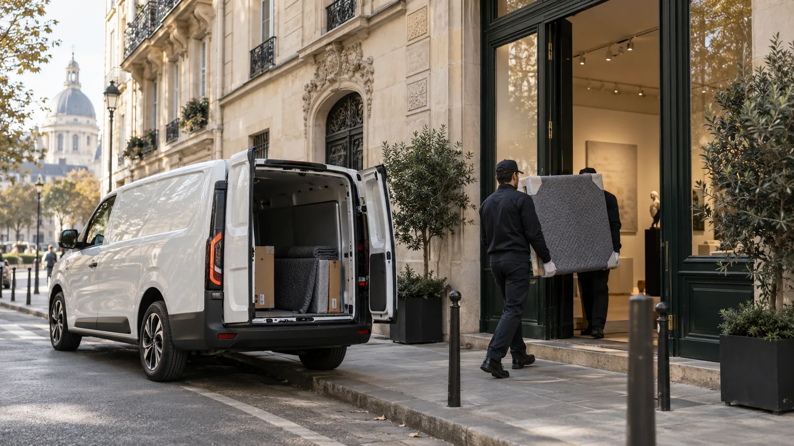Livraison d'une œuvre d'art dans une galerie parisienne par un coursier BIP Services