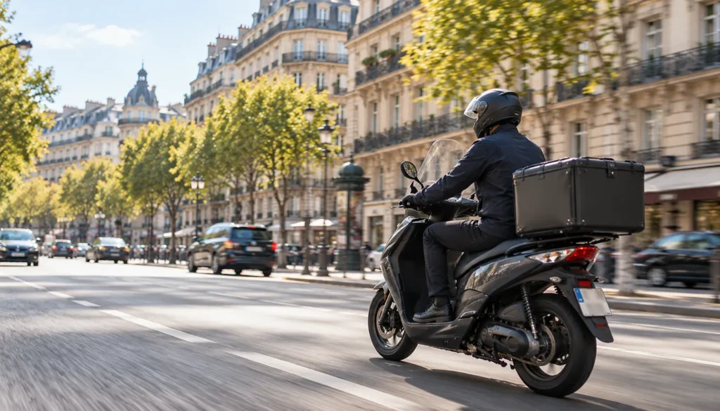 Coursier moto en course urgente sur un boulevard parisien bordé d'immeubles haussmanniens