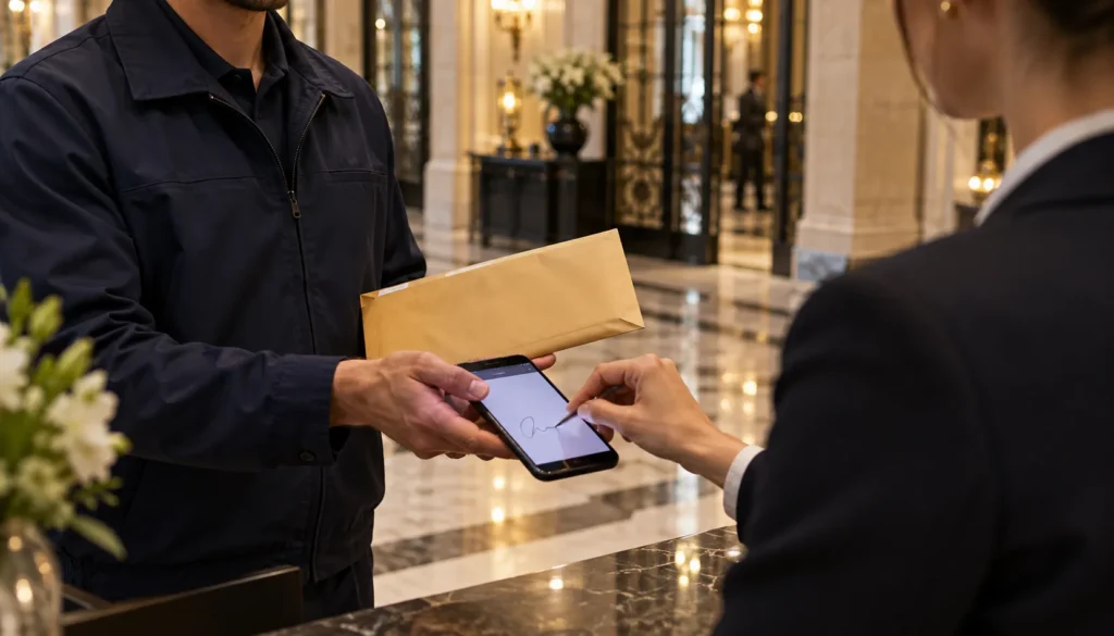 Remise d'un pli contre signature électronique à l'accueil d'un immeuble de bureaux parisien