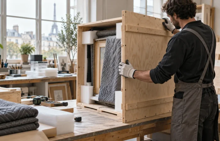 Caisse en bois sur mesure fabriquée pour protéger une œuvre d'art transportée par BIP Services