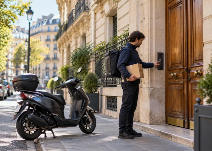 Coursier à Paris composant le digicode d'un immeuble haussmannien pour remettre un colis en main propre